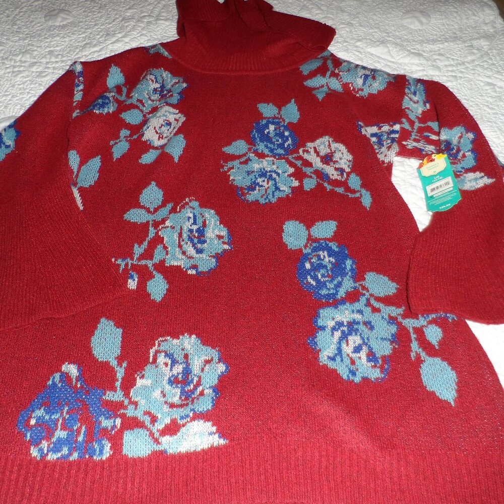 The Pioneer Woman Maroon Red Cowlneck Jacquard Floral Sweater Size Large NWT